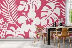 Modern pink tropical flowers and leaves wallpaper.