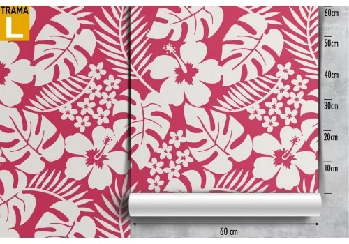 Carta da Parati fiori e foglie tropicali rosa moderna. 2