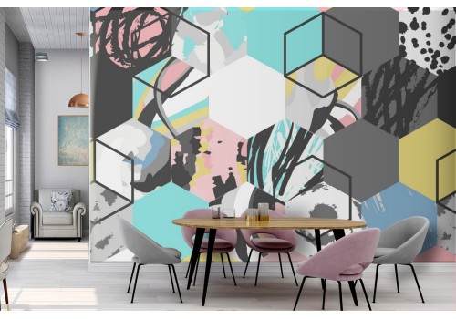 Wallpaper modern geometric decoration cubes hexagons.