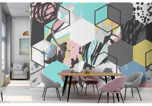 Wallpaper modern geometric decoration cubes hexagons.