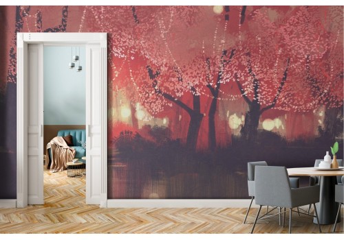 Wallpaper illustration of red forest with lake