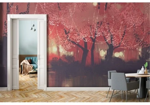 Wallpaper illustration of red forest with lake