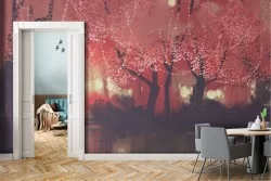 Wallpaper illustration of red forest with lake