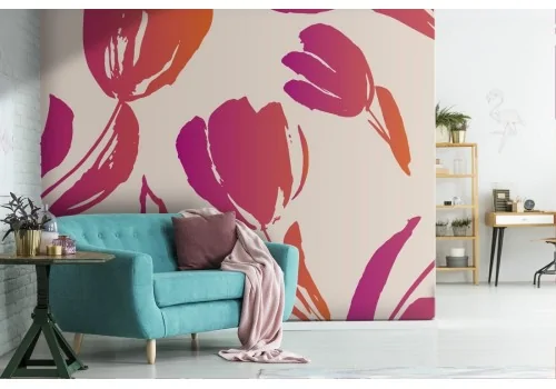 Modern nature wallpaper with stylized red flowers.