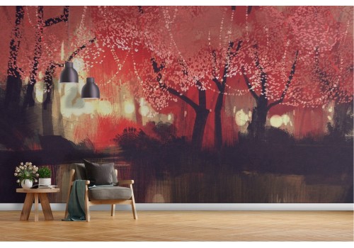 Wallpaper illustration of red forest with lake 2
