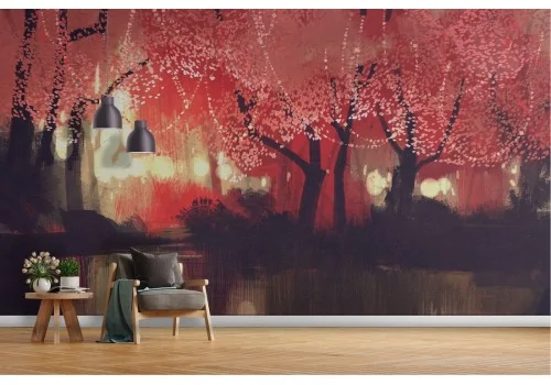 Wallpaper illustration of red forest with lake 2