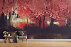 Wallpaper illustration of red forest with lake