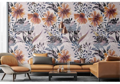 Carta da Parati fiori gialli natura vintage.