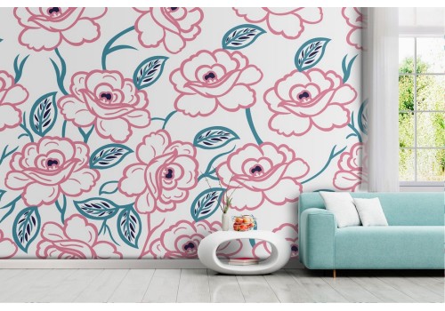 Wallpaper with stylized pink flowers nature.