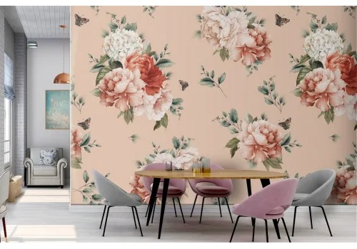 Red and white flowers vintage nature wallpaper.