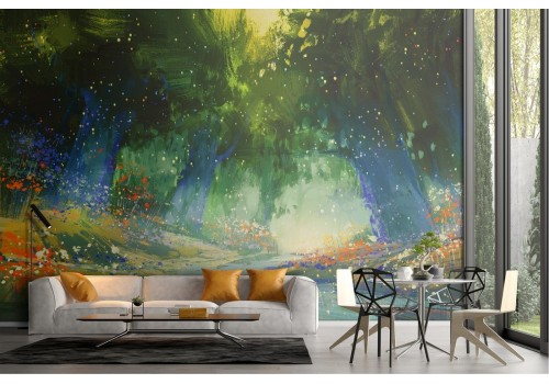 Wallpaper painted forest with river