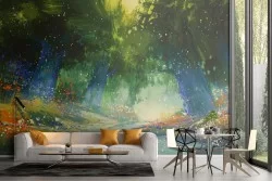 Wallpaper painted forest with river