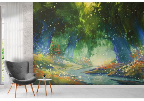 Wallpaper painted forest with river 2
