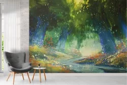 Wallpaper painted forest with river