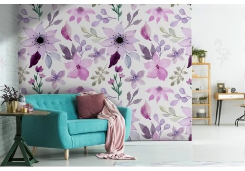 Modern nature wallpaper with pink and lilac flowers.