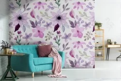 Modern nature wallpaper with pink and lilac flowers.