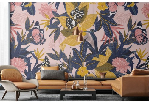 Vintage nature wallpaper with pink and yellow flowers.