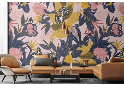 Vintage nature wallpaper with pink and yellow flowers.