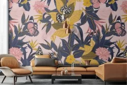 Vintage nature wallpaper with pink and yellow flowers.