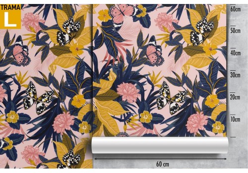 Carta da Parati fiori rosa e gialli natura vintage. 2