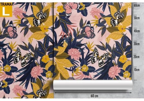 Carta da Parati fiori rosa e gialli natura vintage. 2