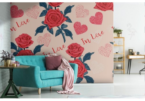 Carta da Parati rose rosse natura pattern romantico.