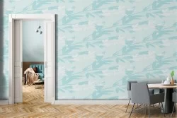 Carta da Parati foglie e fiori stilizzati vintage azzurro.