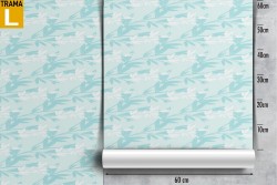 Vintage blue wallpaper with stylized leaves and flowers.