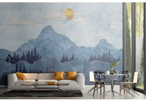 Wallpaper stylized landscape mountains with trees