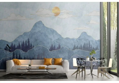 Wallpaper stylized landscape mountains with trees