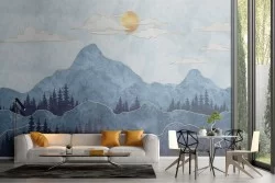Wallpaper stylized landscape mountains with trees