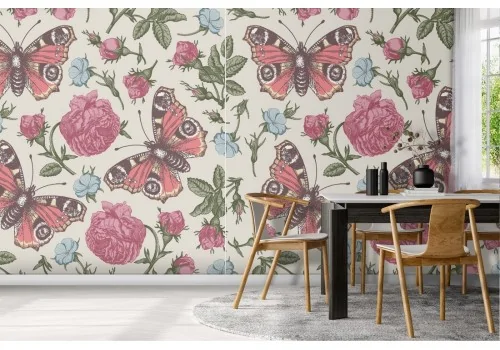 Vintage nature wallpaper with butterflies and pink flowers.