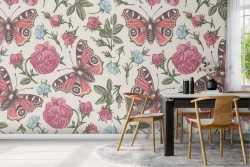 Carta da Parati farfalle e fiori rosa natura vintage.