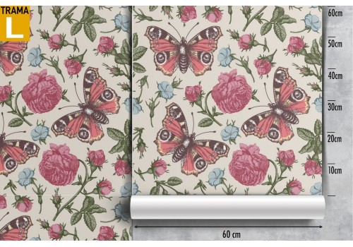 Carta da Parati farfalle e fiori rosa natura vintage. 2
