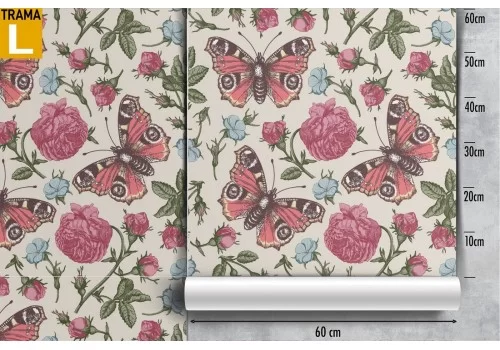 Carta da Parati farfalle e fiori rosa natura vintage. 2
