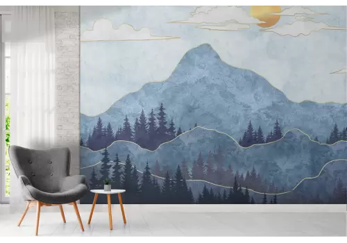 Carta da Parati paesaggio stilizzato montagne con alberi 2
