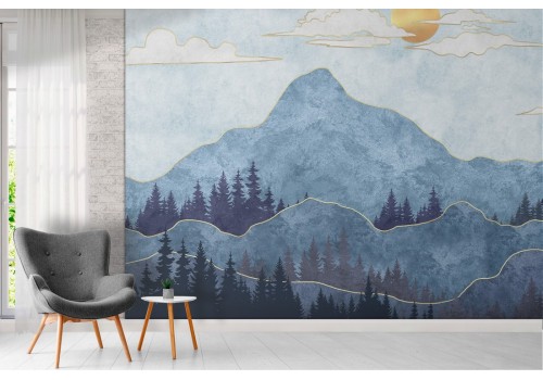 Wallpaper stylized landscape mountains with trees 2