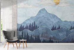 Wallpaper stylized landscape mountains with trees