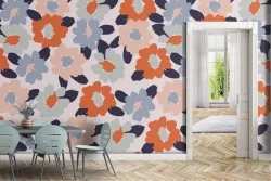 Abstract modern nature wallpaper in pink and light blue flowers.