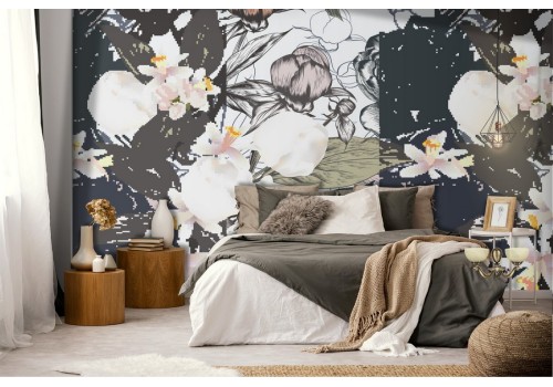 White flowers and nature stripes modern design wallpaper.