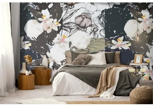 White flowers and natural stripes wallpaper modern design.