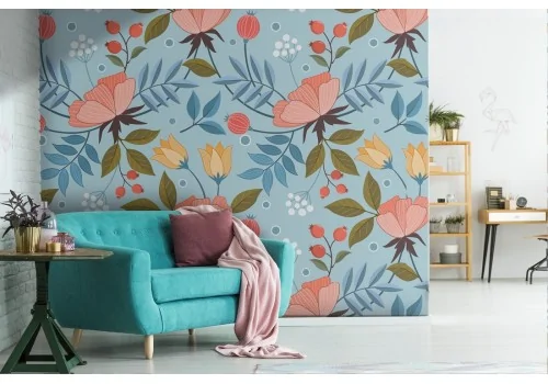 Pink flowers vintage nature wallpaper on a blue background.