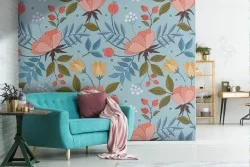 Carta da Parati fiori rosa natura vintage sfondo azzurro.