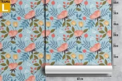 Pink flowers nature vintage wallpaper on a blue background.