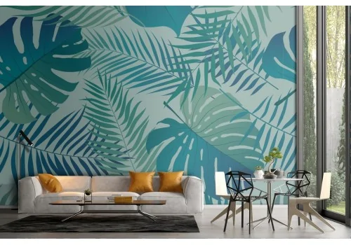 Tropical leaves wallpaper in aqua green pattern.