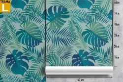 Tropical leaves wallpaper in aqua green pattern.