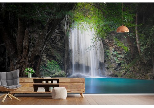 Tropical oasis waterfall landscape wallpaper