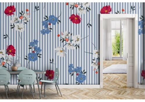 Refined vintage nature flower wallpaper with black stripes.