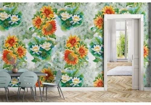 Vintage orange flowers wallpaper nature pattern.