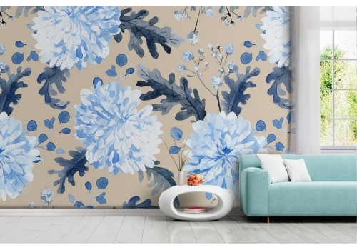 Modern nature wallpaper with blue flowers.